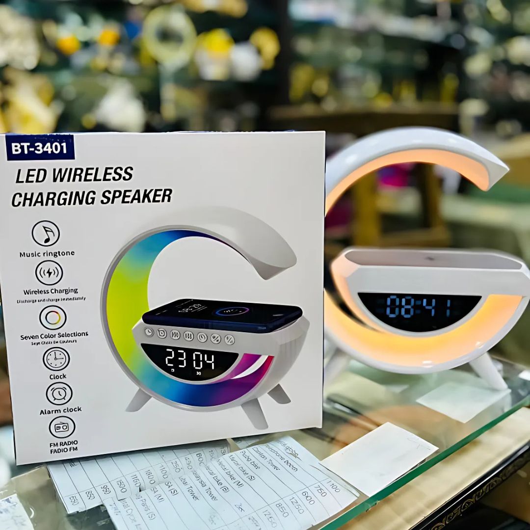 BT-3401 G-Shaped LED Clock Speaker Lamp with Wireless Charger | Multifunctional Bluetooth Speaker, Night Light & Alarm Clock