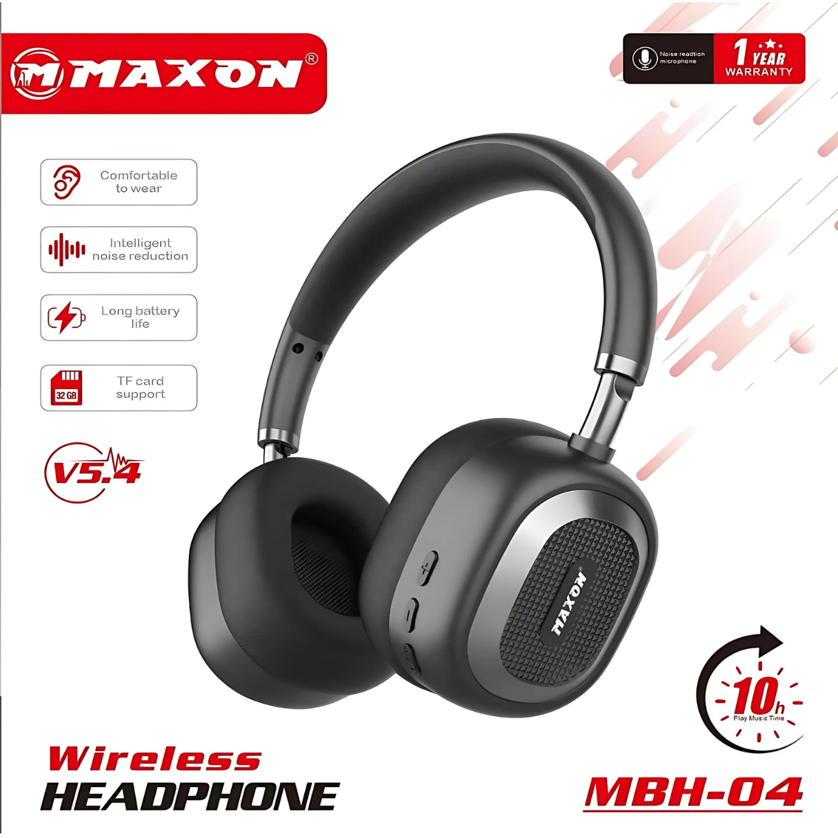 MBH-04 Wireless Bluetooth Headphones – 10Hr Battery | Type-C Charging | TF Card Support | Bluetooth 5.4