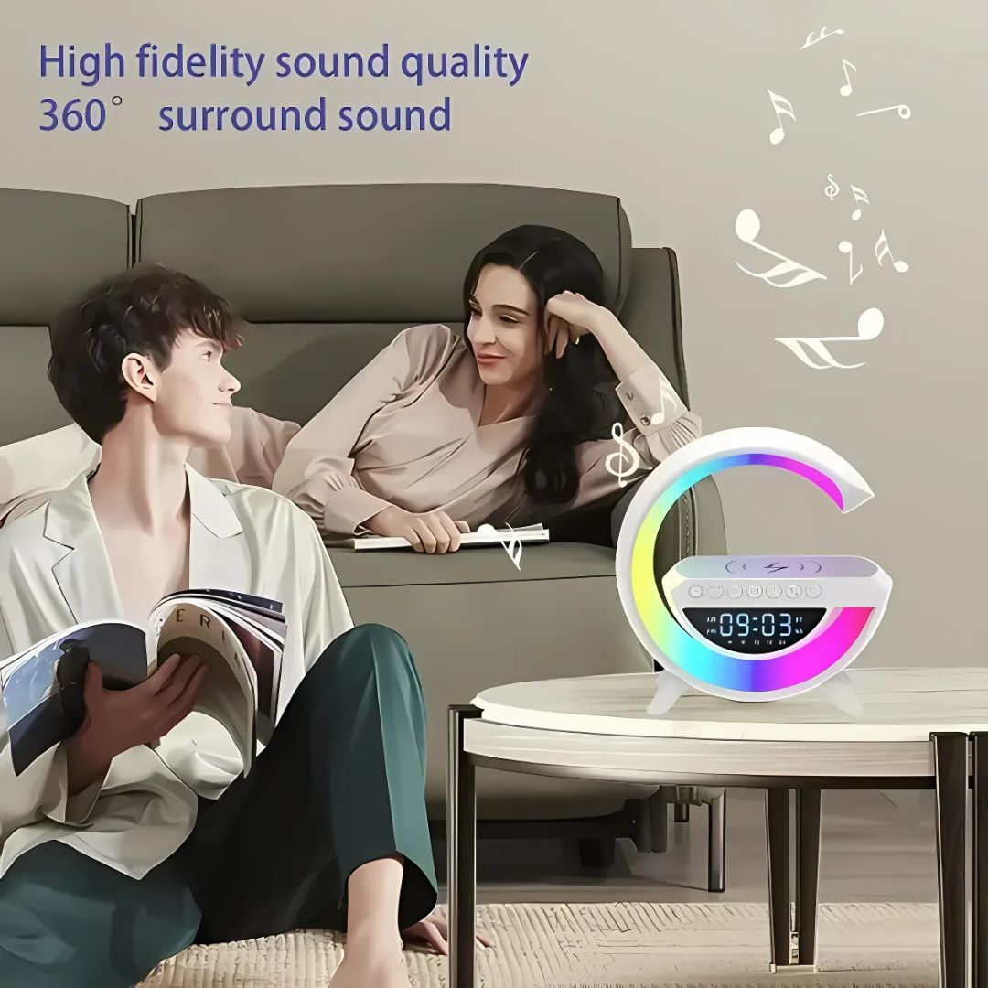 BT-3401 G-Shaped LED Clock Speaker Lamp with Wireless Charger | Multifunctional Bluetooth Speaker, Night Light & Alarm Clock
