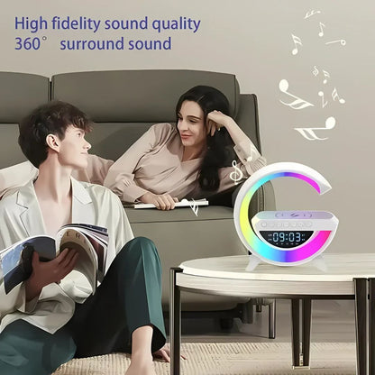 BT-3401 G-Shaped LED Clock Speaker Lamp with Wireless Charger | Multifunctional Bluetooth Speaker, Night Light & Alarm Clock