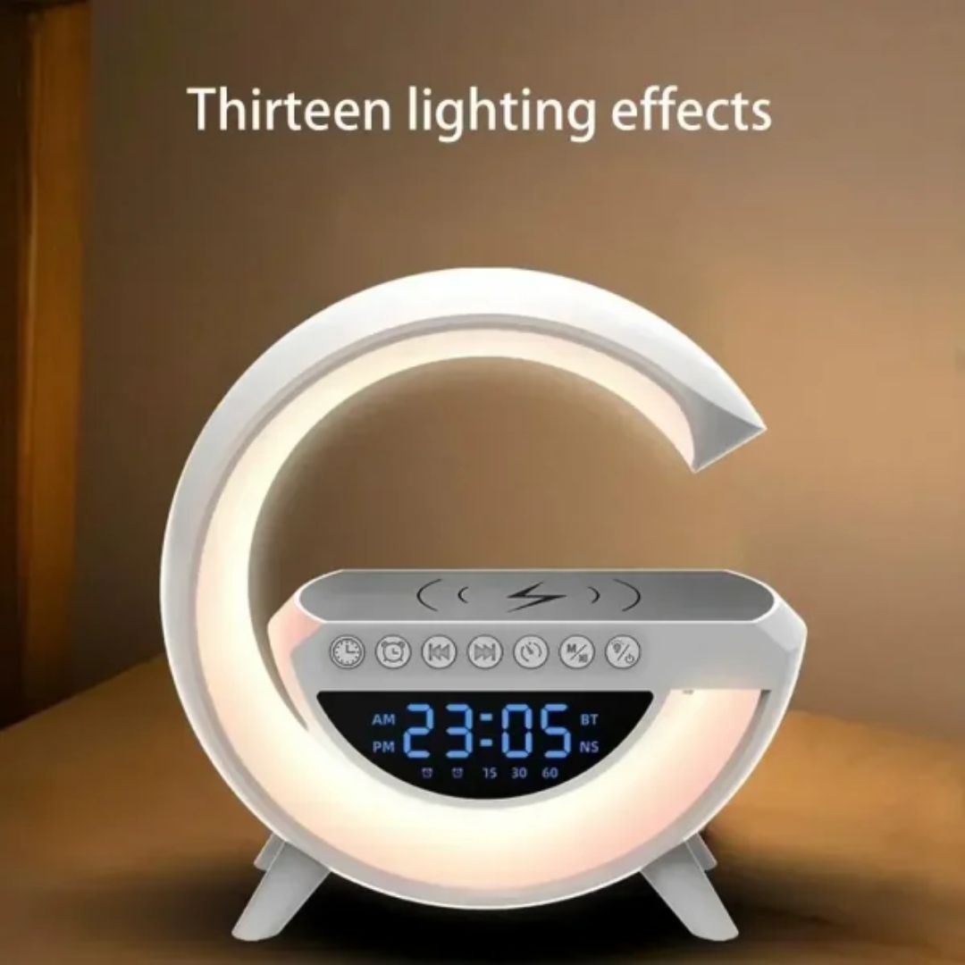 BT-3401 G-Shaped LED Clock Speaker Lamp with Wireless Charger | Multifunctional Bluetooth Speaker, Night Light & Alarm Clock