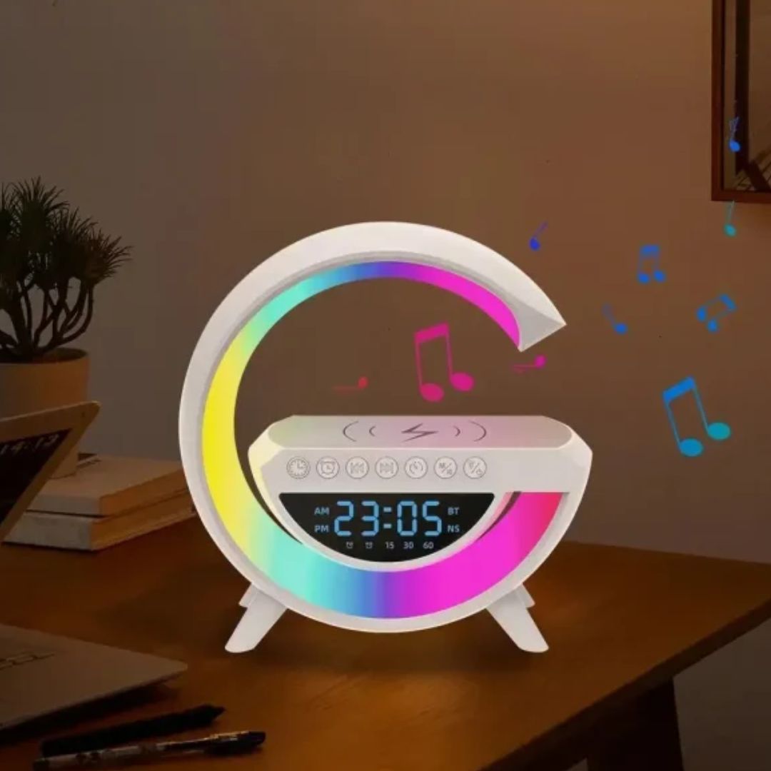 BT-3401 G-Shaped LED Clock Speaker Lamp with Wireless Charger | Multifunctional Bluetooth Speaker, Night Light & Alarm Clock