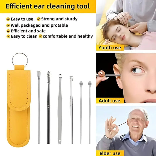 6-in-1 Ear Wax Cleaning Kit – Stainless Steel Earpick Tool Set with Leather Case