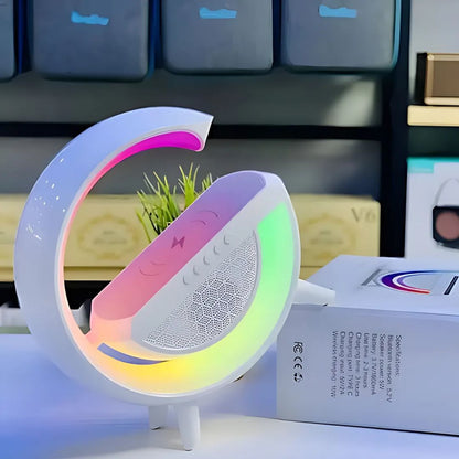 G-Shaped RGB Table Lamp with 15W Wireless Charger, Bluetooth Speaker & Sunrise Wake-Up Light | 4-in-1 Smart Night Light