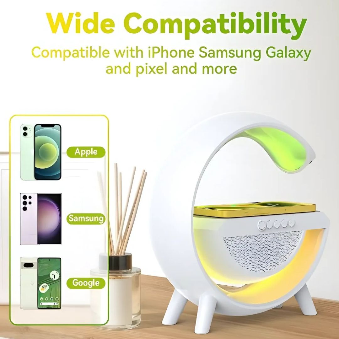 G-Shaped RGB Table Lamp with 15W Wireless Charger, Bluetooth Speaker & Sunrise Wake-Up Light | 4-in-1 Smart Night Light